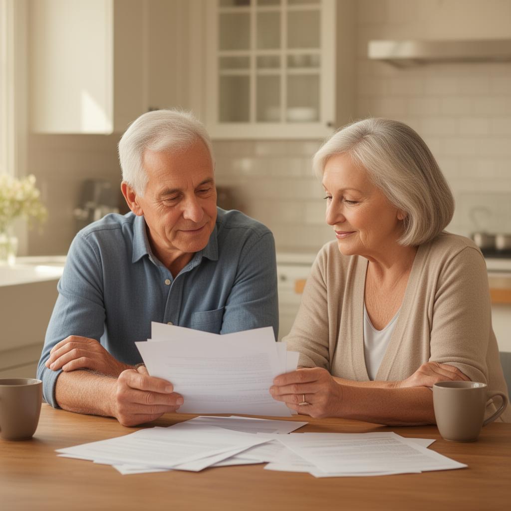 Older couple reviewing timeshare paperwork together at their kitchen table